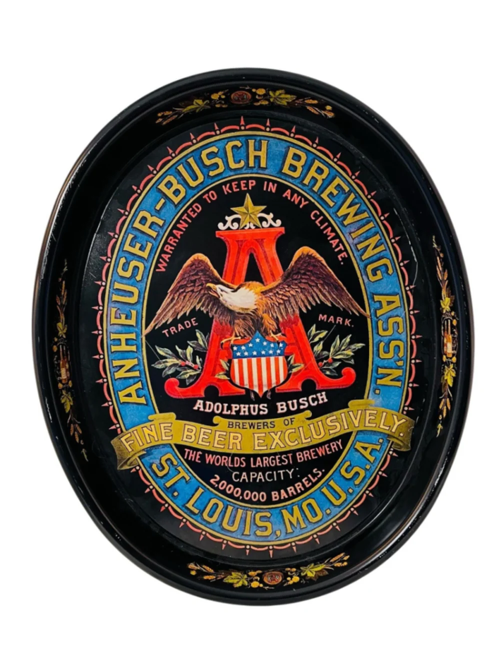 Vintage Anheuser-Busch Metal Beer Tray Black Oval St. Louis Eagle Adolphus Busch